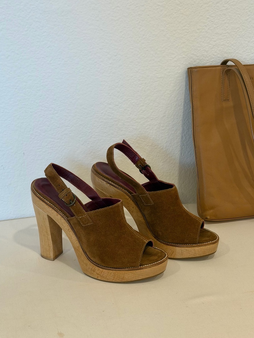 l’autre chose Suede Platform Slingback wood mules Heels